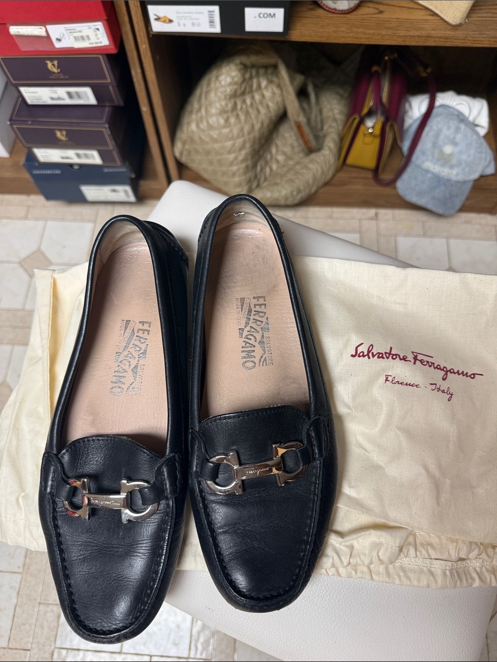 Salvatore Ferragamo Black Leather Bit Loafers with Gold-Tone Hardware